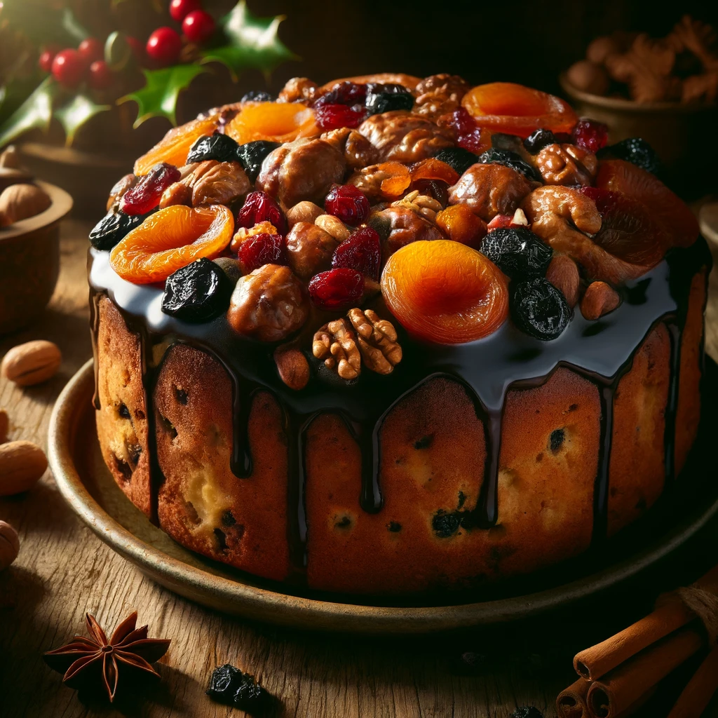 traditional Bishop Cake, richly adorned with dried fruits and nuts, set in a festive, warm atmosphere.
